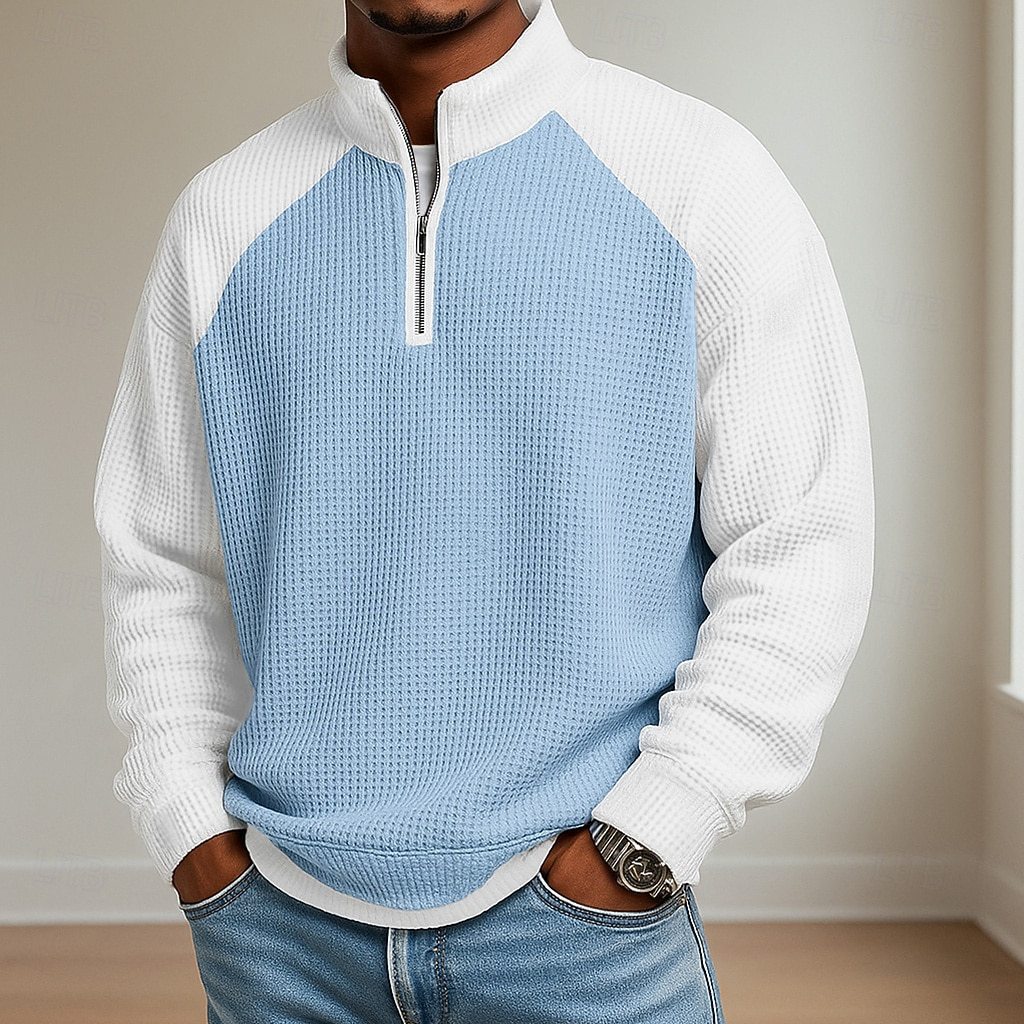 Men's Waffle Knit Long Sleeve Polo Shirt – Colour Block | 6 Colours | Sizes S–5XL