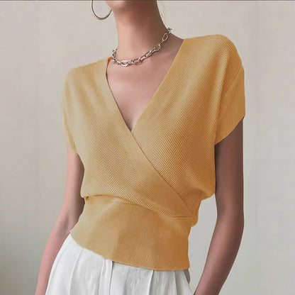 Women's V-Neck Knitted Top | Short-Sleeve High-Waisted Loose Fit Viscose Tee