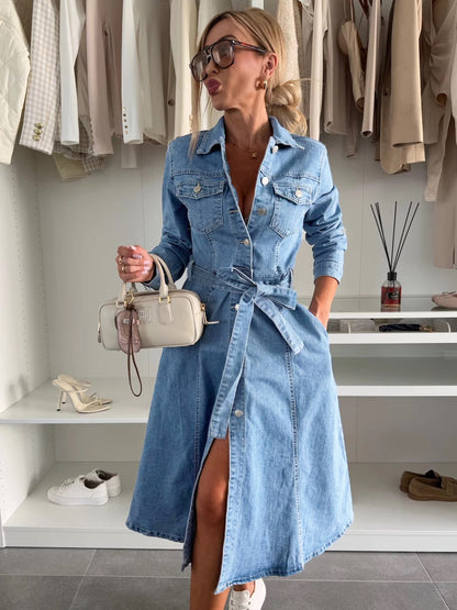 Women's Long Sleeve Washed Denim Shirt Dress | A-Line | S-3XL