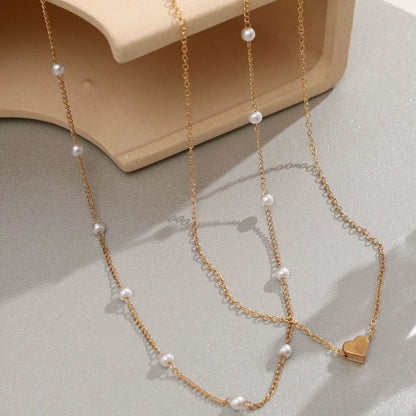 Pearl Heart Double-Layer Necklace | Light Luxury Alloy Pendant Necklace