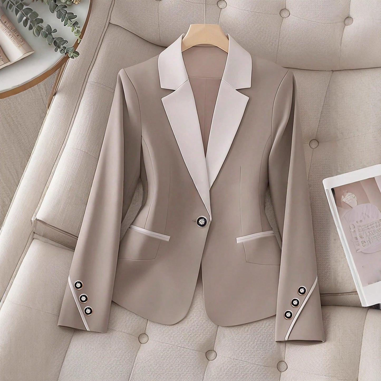 Women's Contrast Button Blazer – Elegant Workwear, Sizes L–4XL