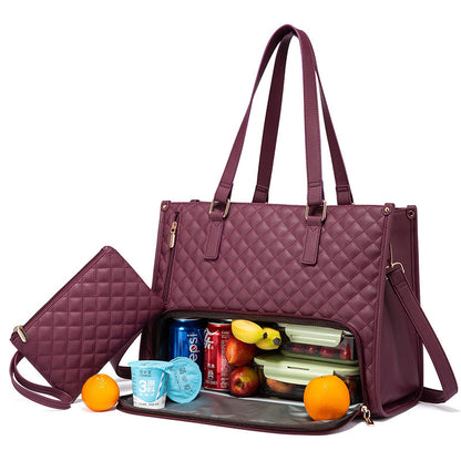 Women's Quilted Tote Bag | Insulated Lunch Compartment & Wallet