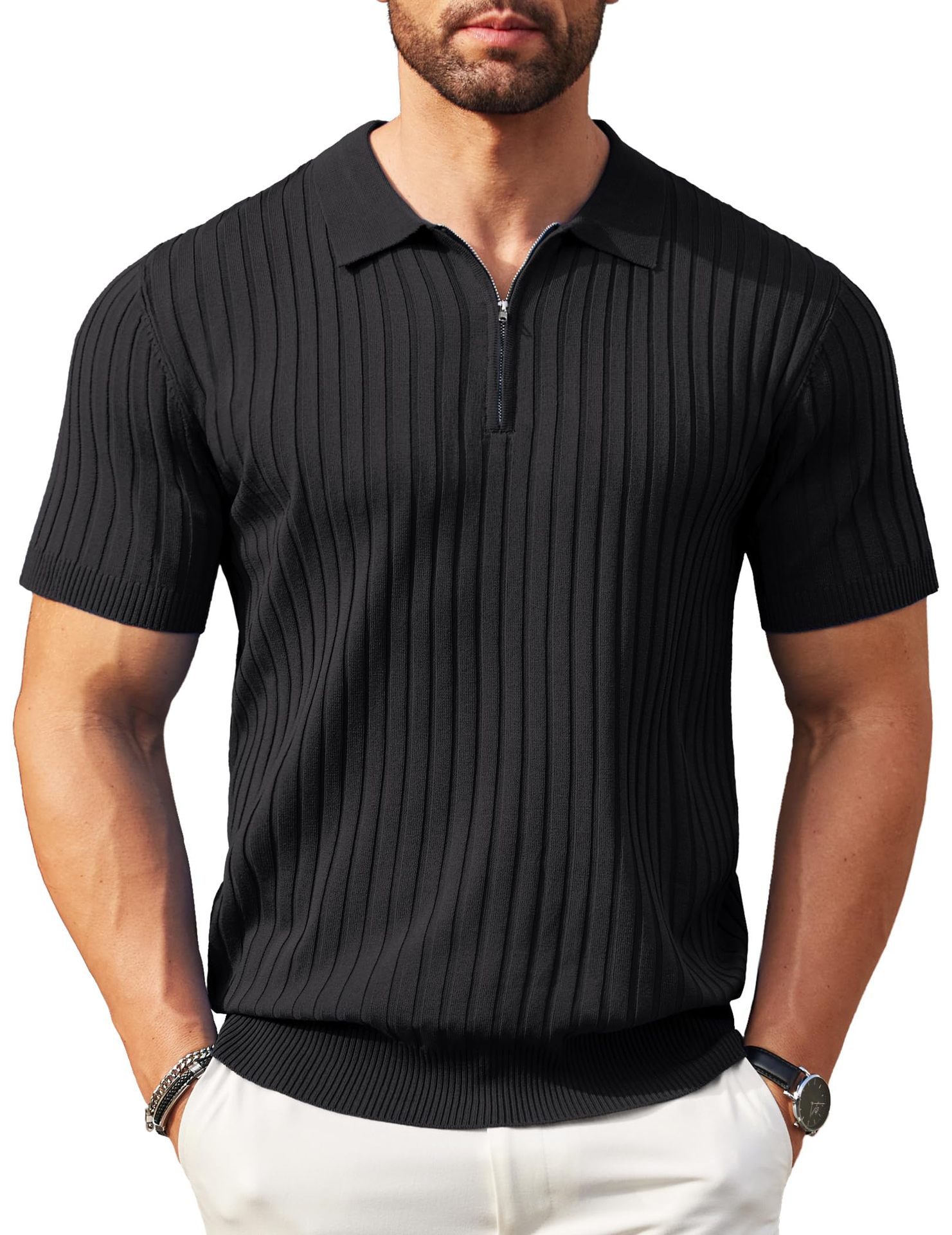 Men's Zip-Up Rib-Knit Polo Shirt | Slim Fit | S–5XL