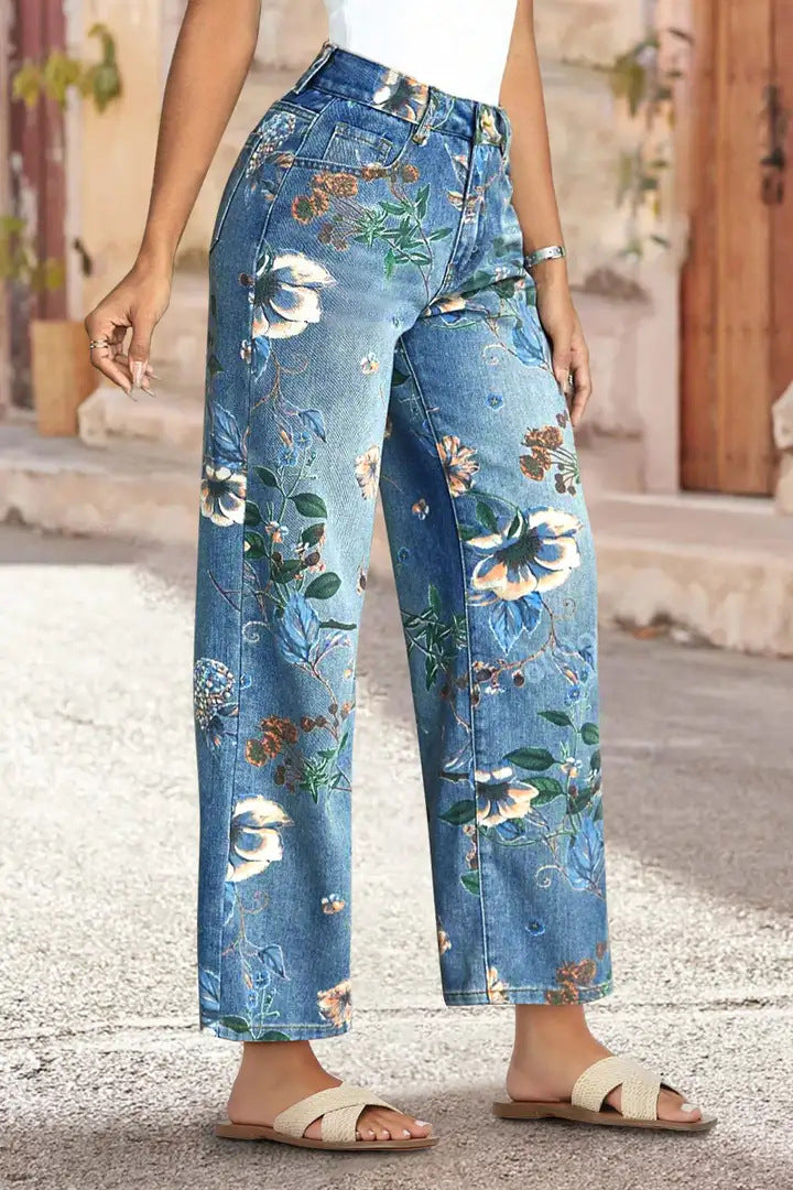 Women's High-Waist Straight-Leg Floral Print Jeans - Light & Dark Blue