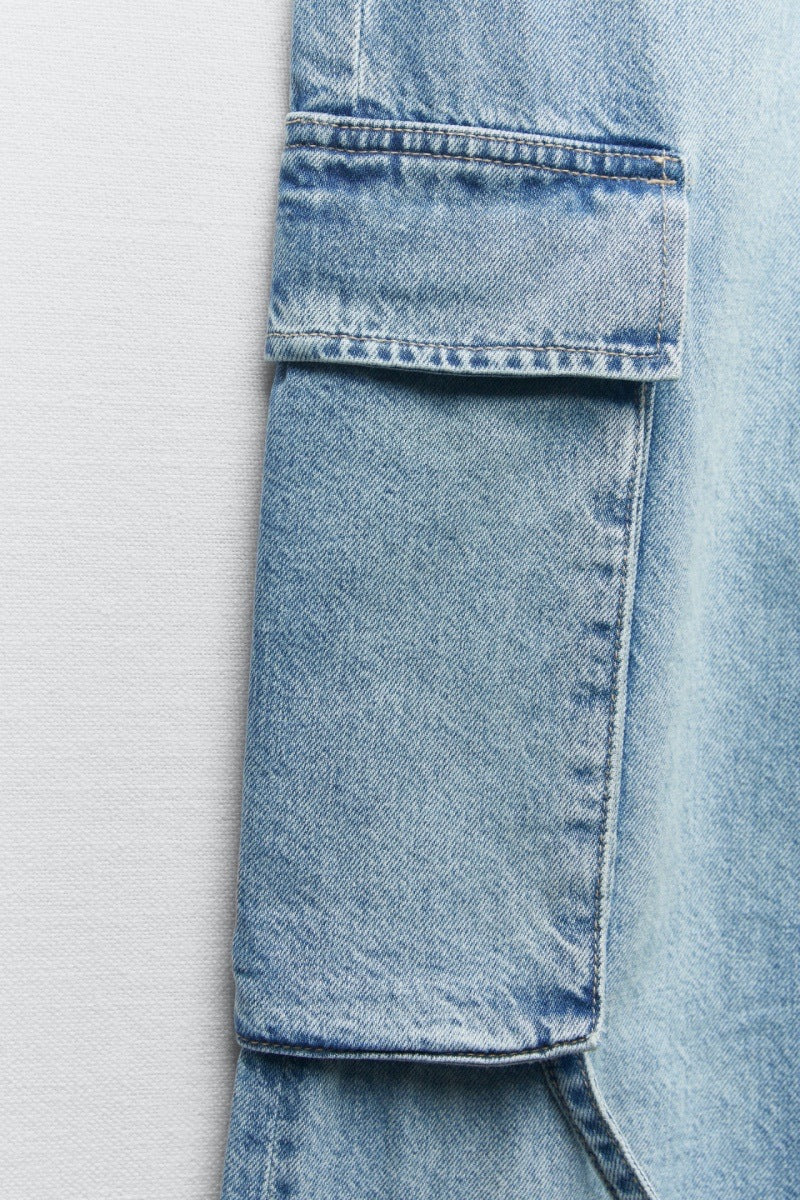 Women's Loose Strap Cargo Jeans – Mid Waist Denim in Light & Dark Blue