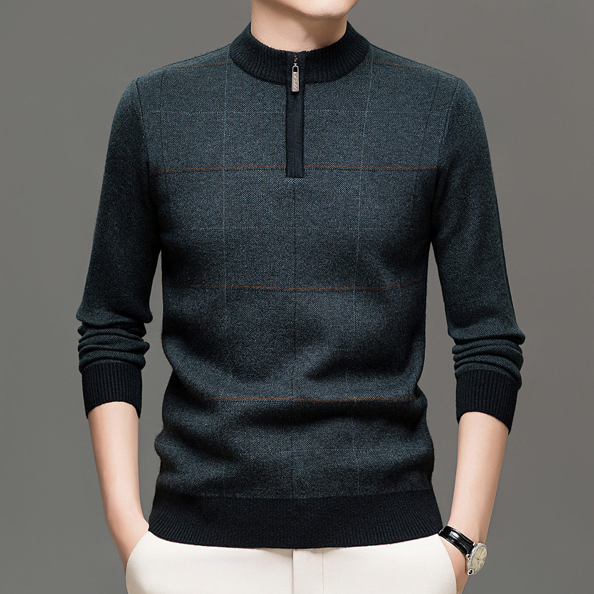 Men's Plaid Half-Zip Knit Sweater | Thick Stretch Fit | JParker