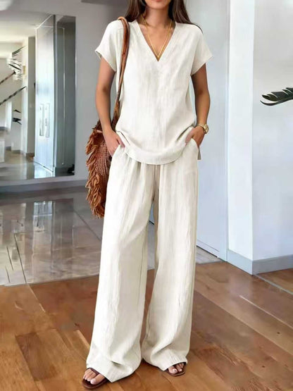 Women's V-Neck Short Sleeve Top and Wide-Leg Pants Co-ord Set