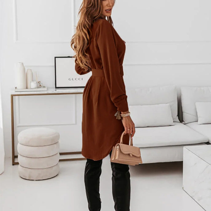 Women's Lapel Shirt Dress with Belt | Long Sleeve Midi