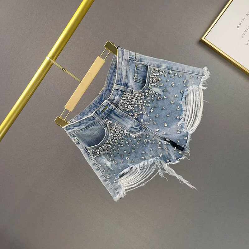 Women's Wide-Leg Denim Shorts | Distressed Cut-Out | Blue