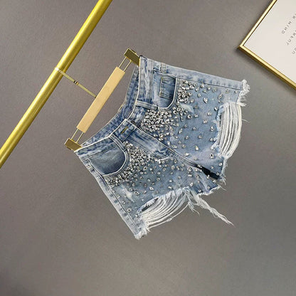 Women's Wide-Leg Denim Shorts | Distressed Cut-Out | Blue