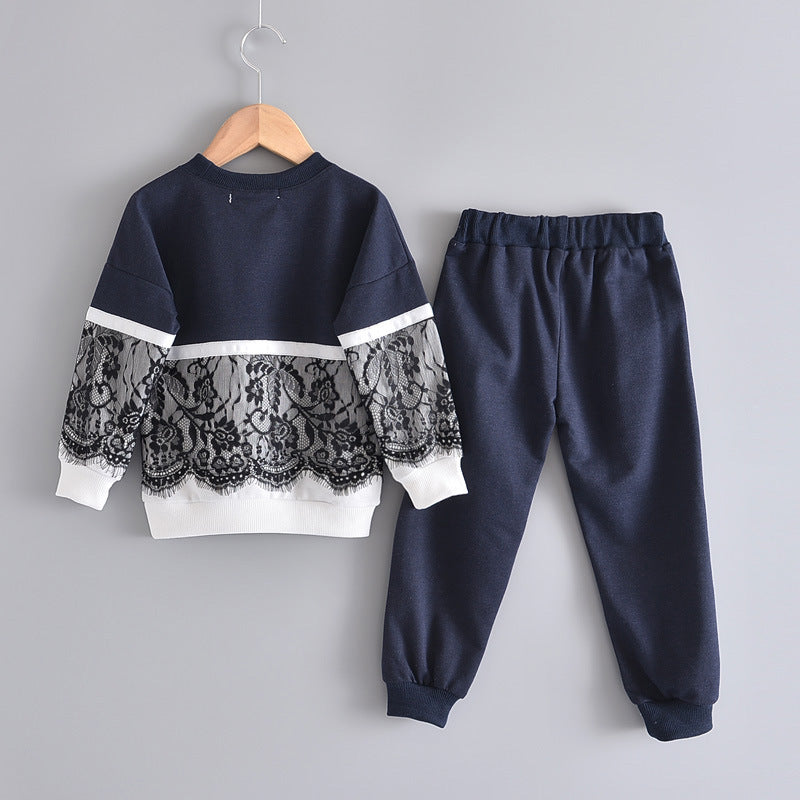 Girls' Lace-Trim Sweatshirt & Trousers Two-Piece Set