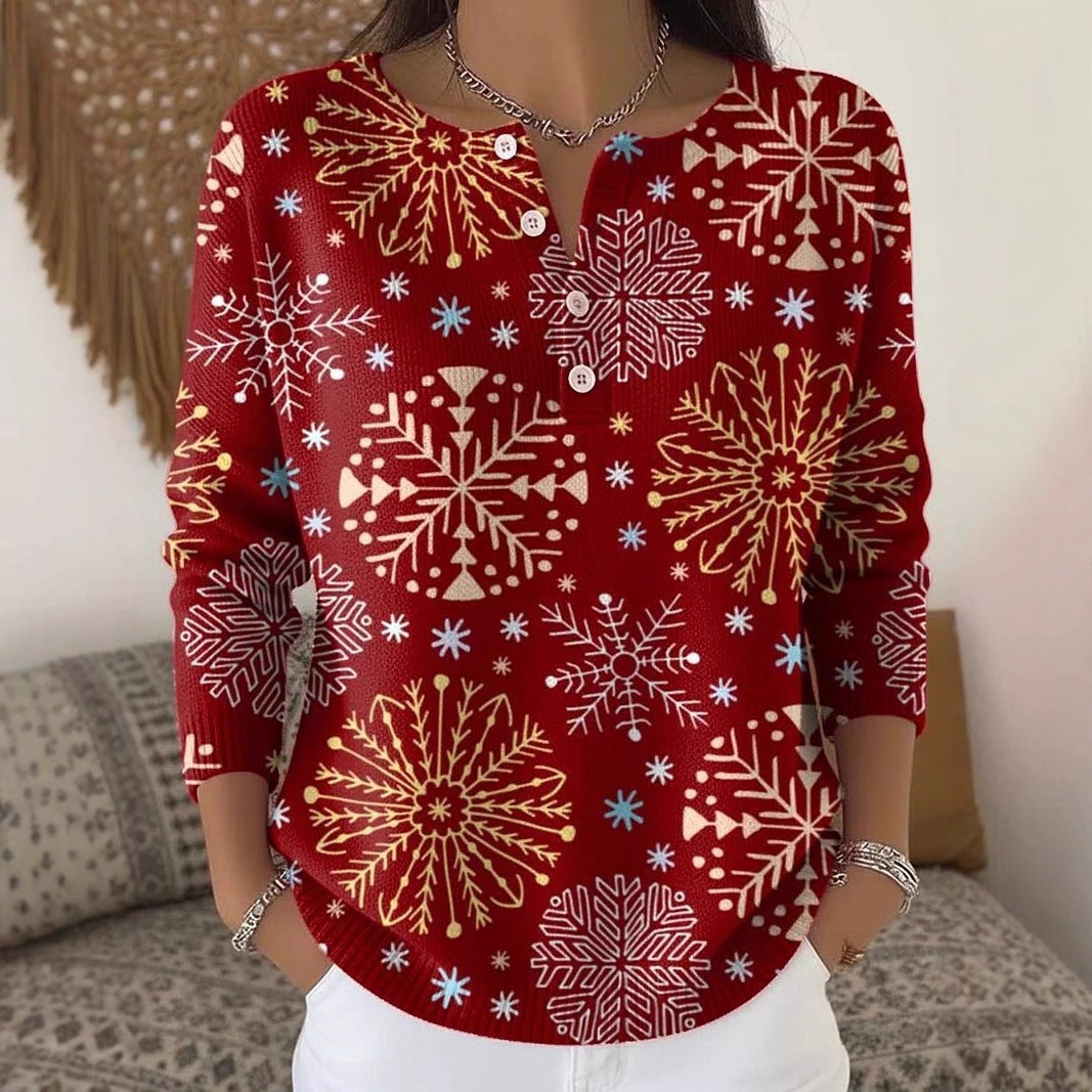 Women's Digital Print Hooded Long-Sleeve Shirt | Wide-Button Brushed Top