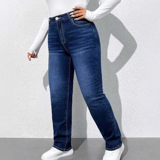 Women's Washed Distressed Straight-Leg Jeans - Dark Blue, S-8XL