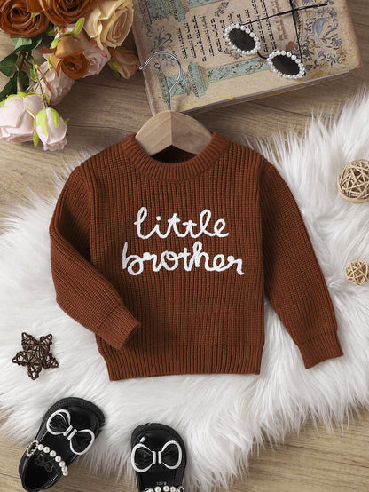 Baby Letter Embroidered Pullover Sweater | White & Brown | Age 0-24 Months