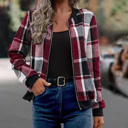 Women's Plaid Zip-Up Baseball Jacket – 8 Colours, Sizes S–XXL