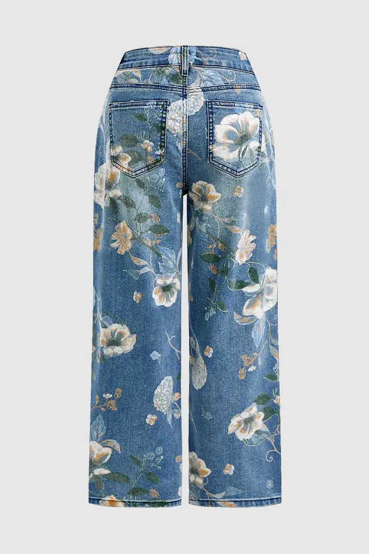 Women's High-Waist Straight-Leg Floral Print Jeans - Light & Dark Blue