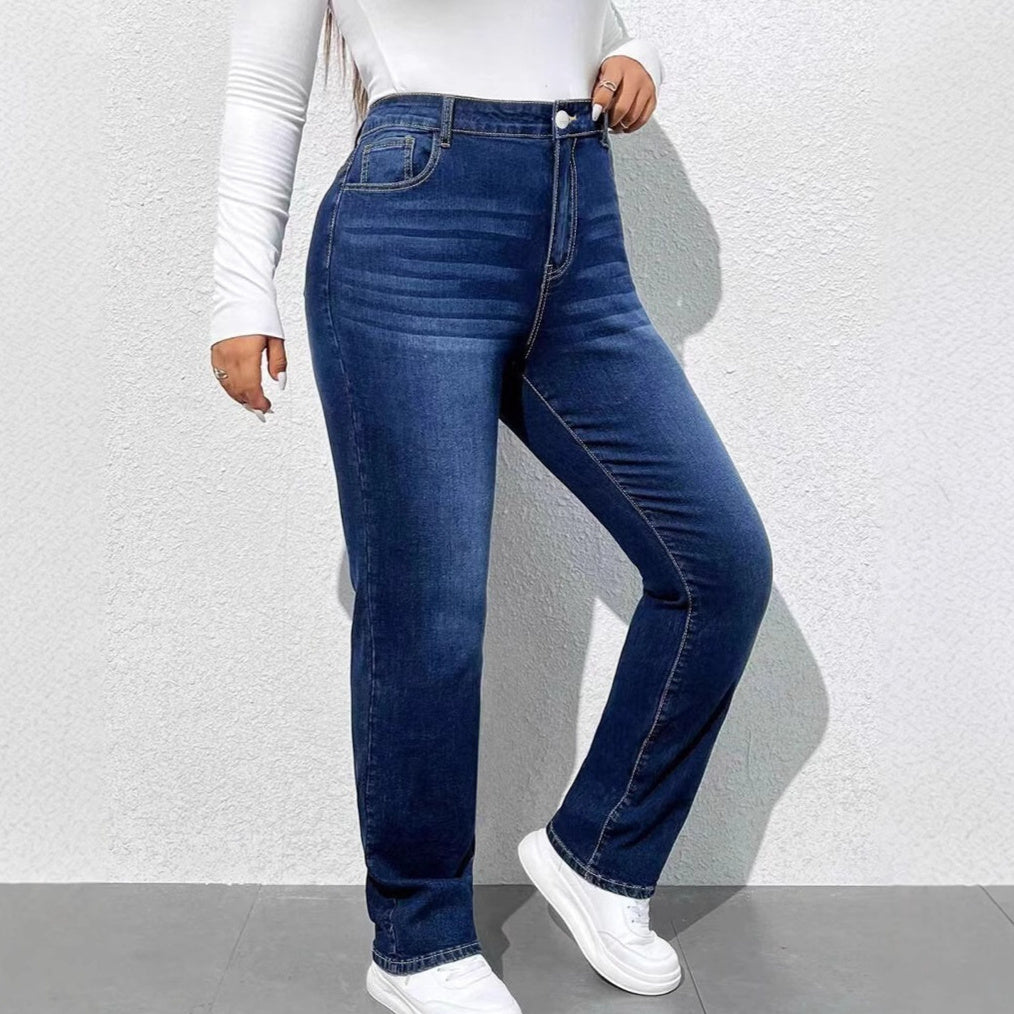 Women's Washed Distressed Straight-Leg Jeans - Dark Blue, S-8XL