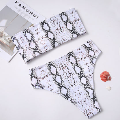 Women's High-Waist Bandeau Bikini Set | Snake Print Swimwear