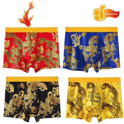 Men's Dragon Print Milk Silk Boxer Briefs – Quick-Dry Mid-Waist 4 Colours