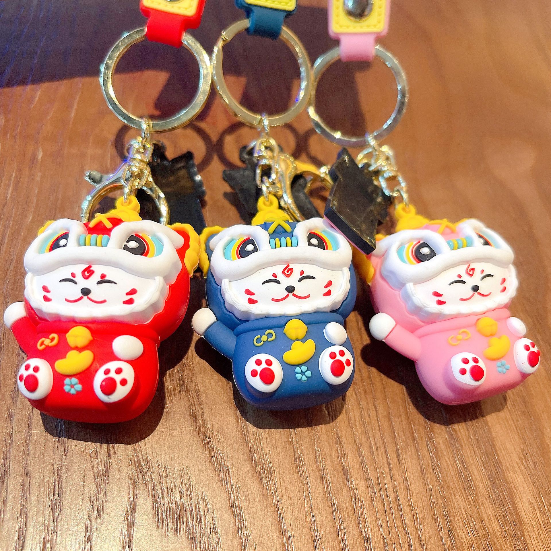 Lion Cat Mascot Metal Keychain | Cute Animal Charm | Red, Blue & Pink