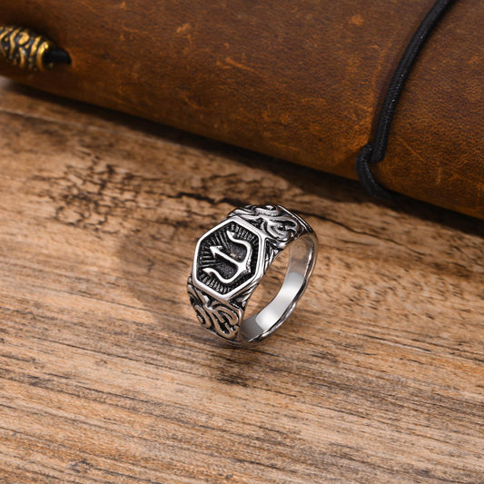Men's Stainless Steel Trident Ring – Auspicious Cloud Design Steel & Black