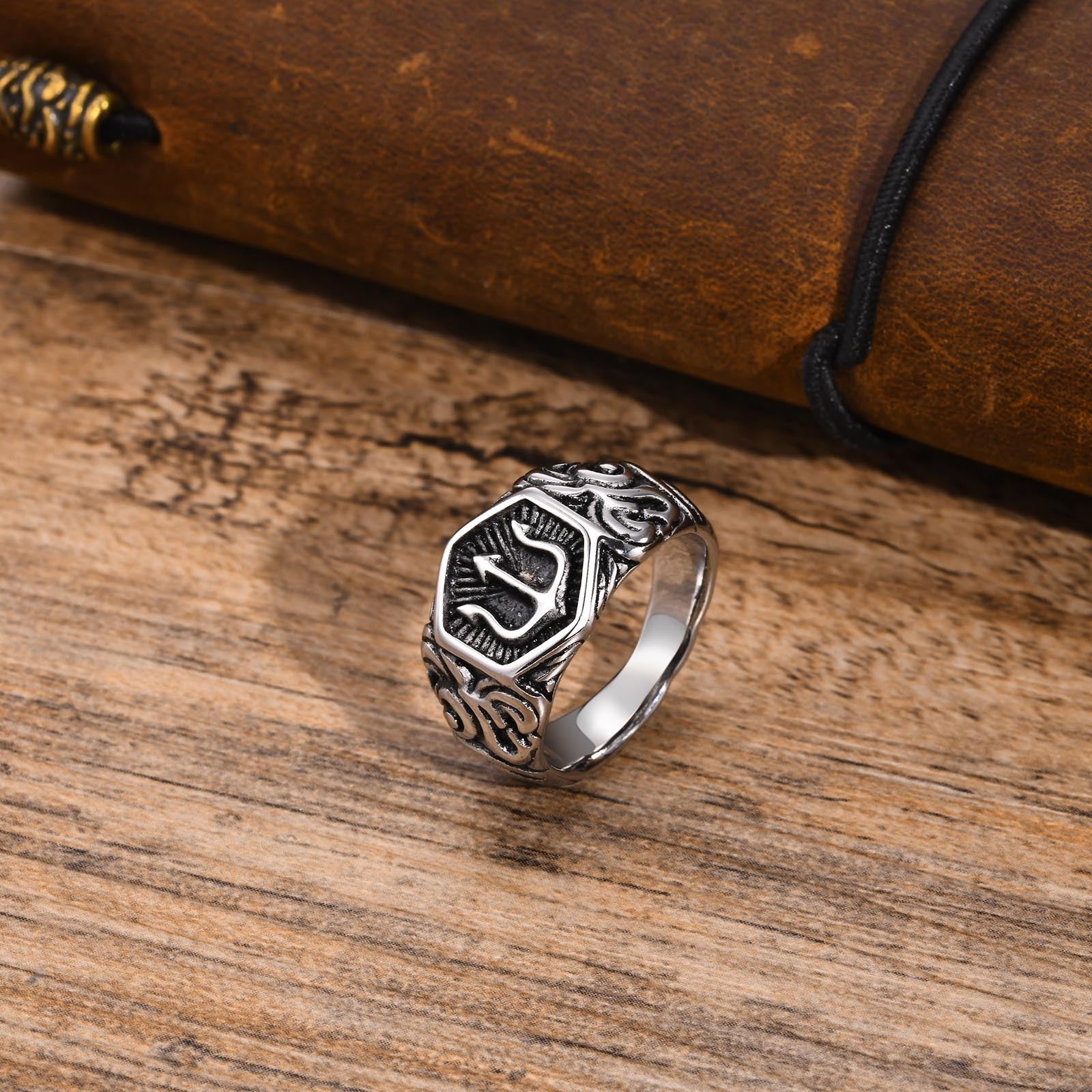 Men's Stainless Steel Trident Ring – Auspicious Cloud Design Steel & Black