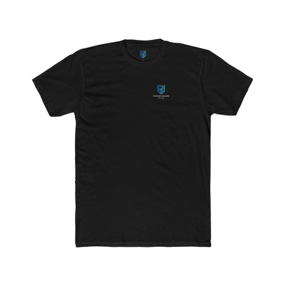 Black t-shirt with a small logo on the chest against a white background