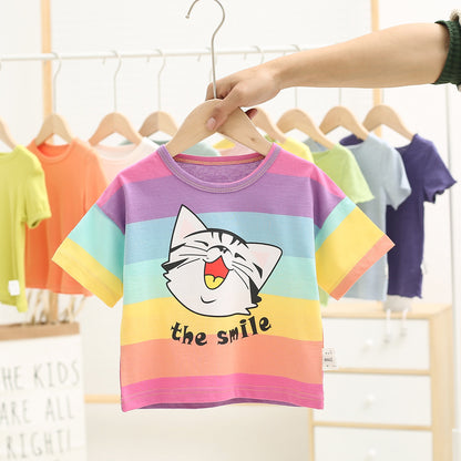 Girls Korean Style Striped Cotton Short Sleeve T-Shirt – 3 Colours