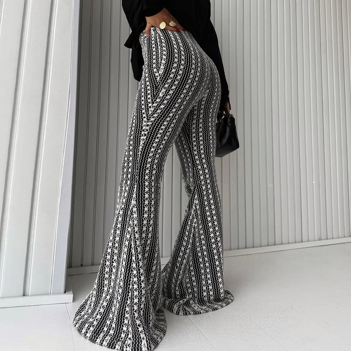 Women's Striped Flare Trousers - Mid-Rise Stretch