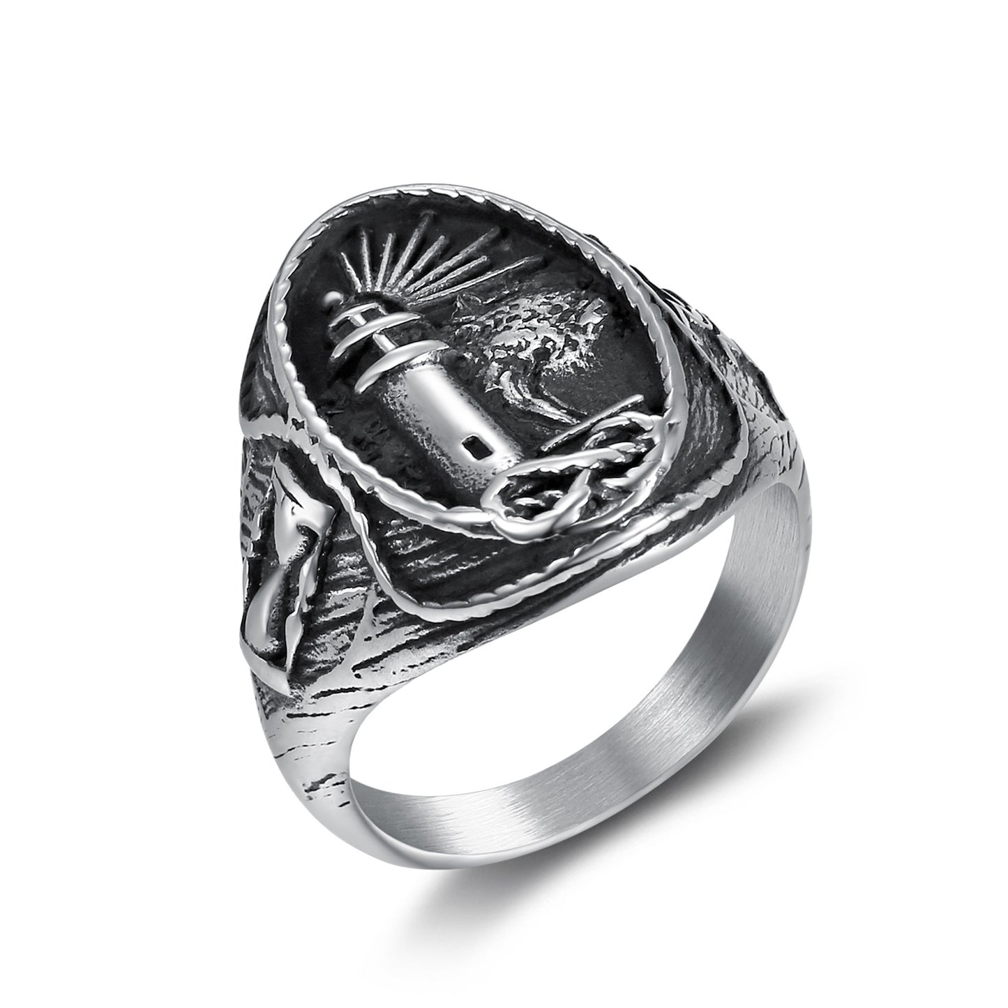 Men's Stainless Steel Lighthouse Ring – Punk Nautical Statement Band