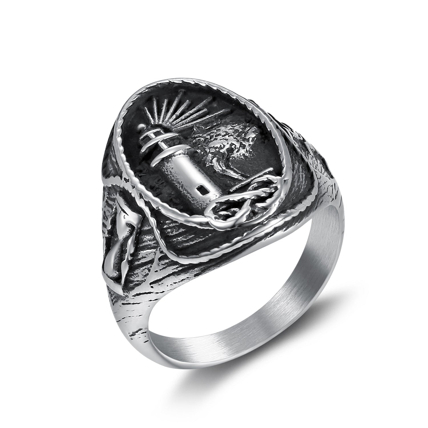 Men's Stainless Steel Lighthouse Ring – Punk Nautical Statement Band