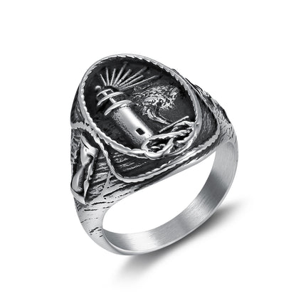 Men's Stainless Steel Lighthouse Ring – Punk Nautical Statement Band