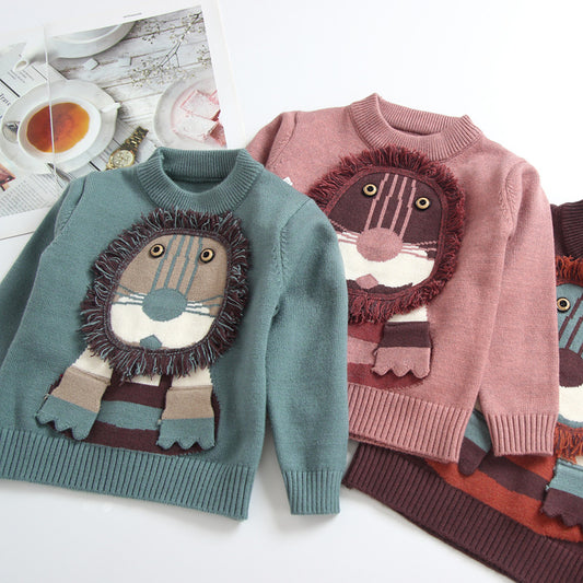 Children's Lion Print Knit Sweater | Soft Kids Pullover