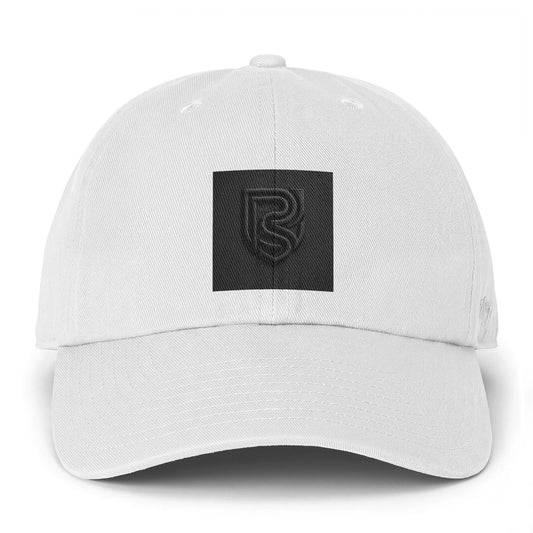 White cap with a black logo patch on a white background