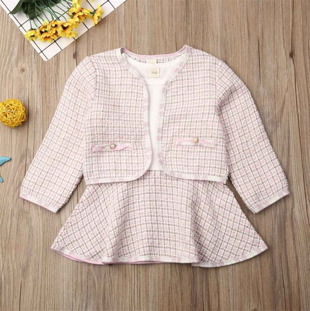 Girls Two-Piece Knit Sweater & Skirt Set – Long Sleeve Plaid Children’s Outfit