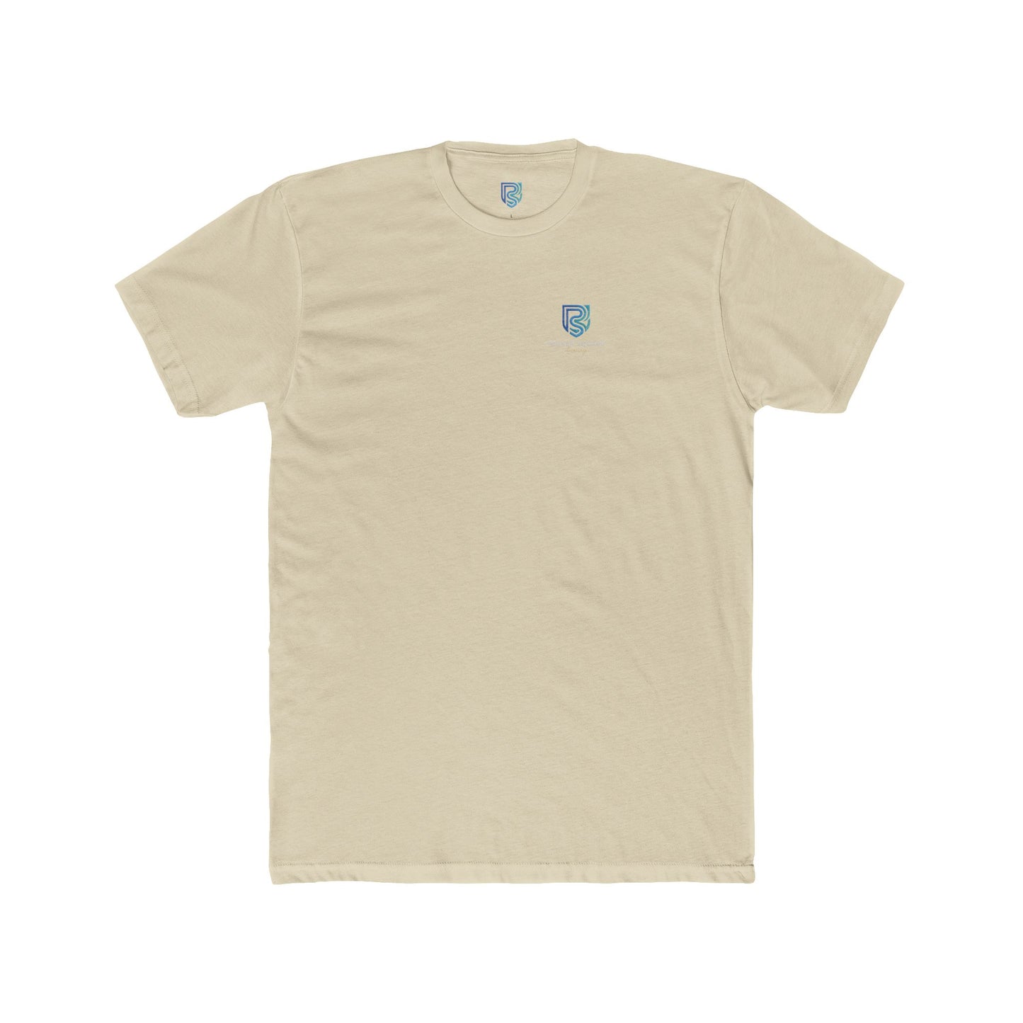 Beige t-shirt with a small logo on a white background