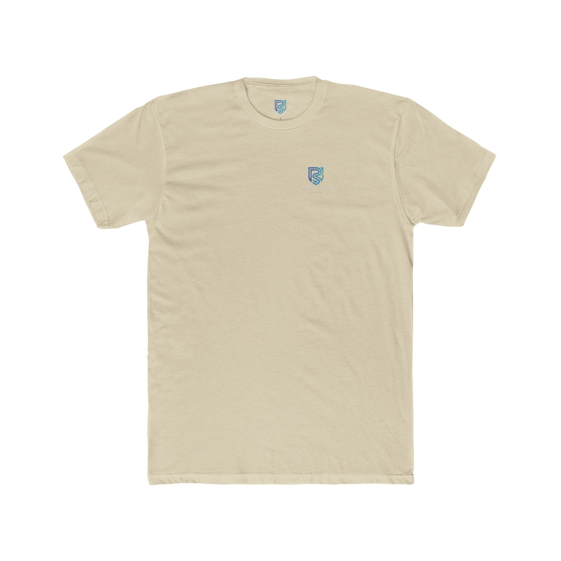 Beige t-shirt with a small logo on a white background