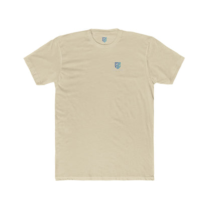 Beige t-shirt with a small logo on a white background