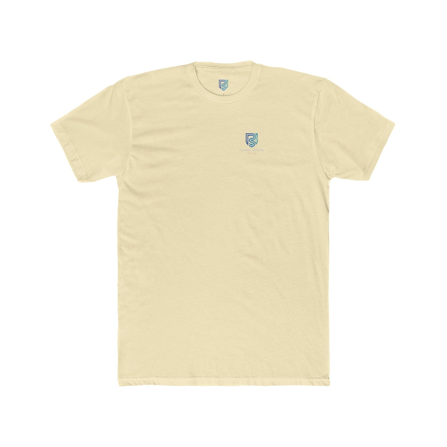 Beige t-shirt with a small logo on a white background