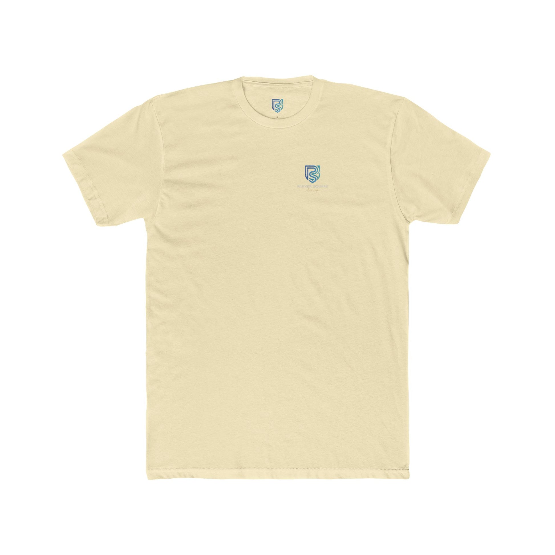 Beige t-shirt with a small logo on a white background