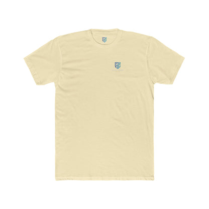 Beige t-shirt with a small logo on a white background