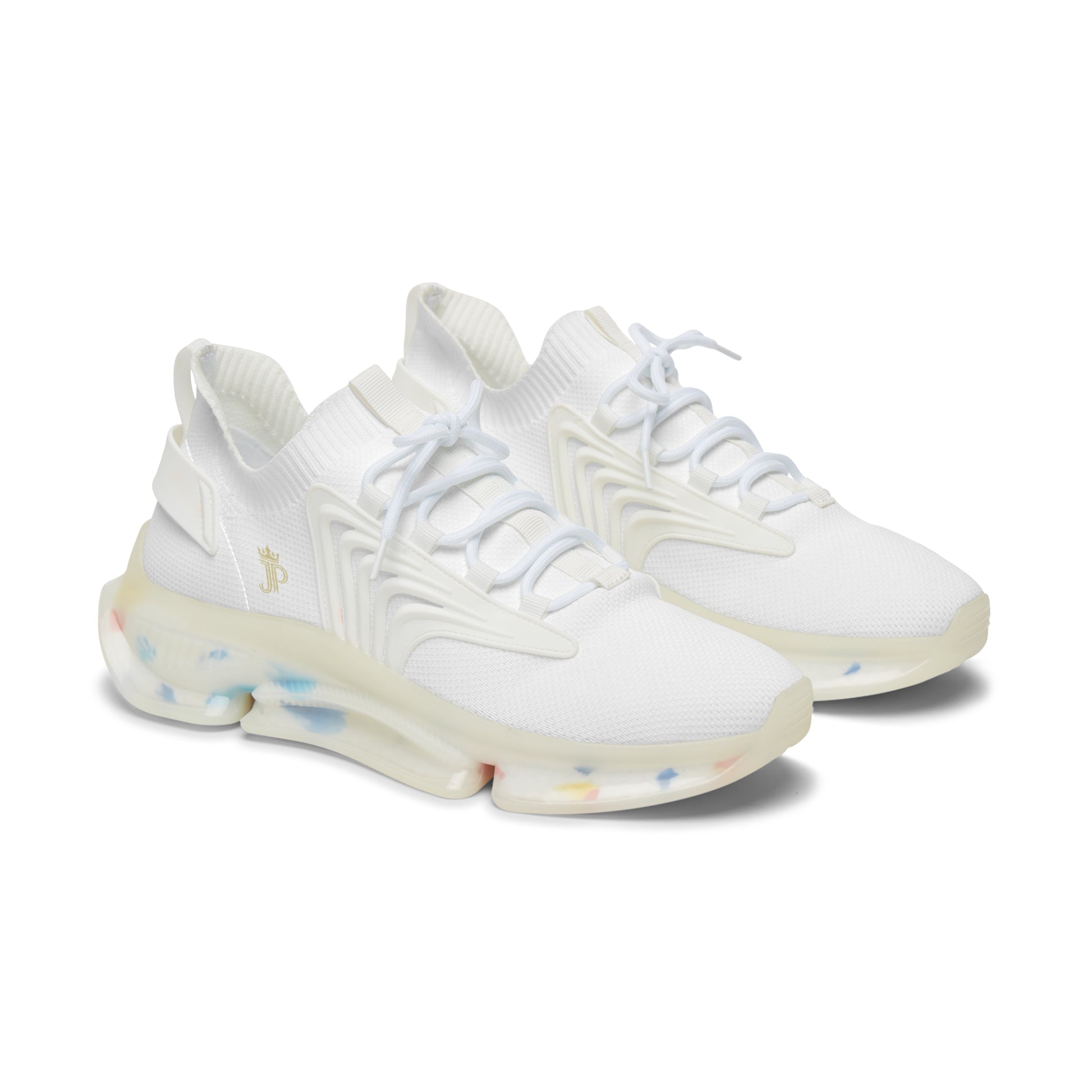 White sneakers with colorful sole on a white background