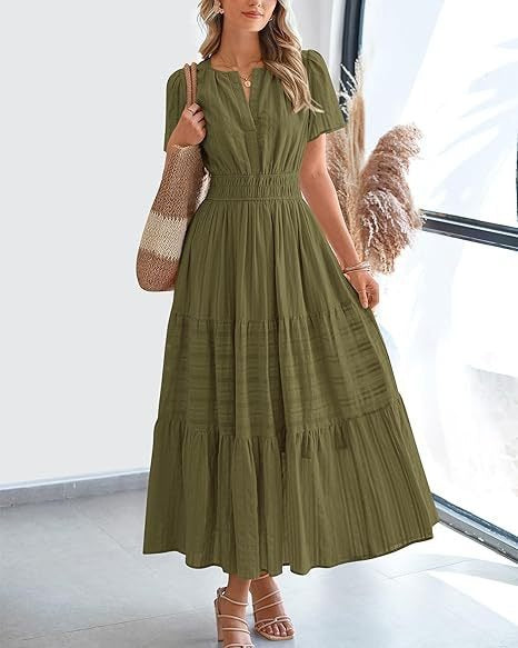 Women's V-Neck Pleated Puff Sleeve Maxi Dress