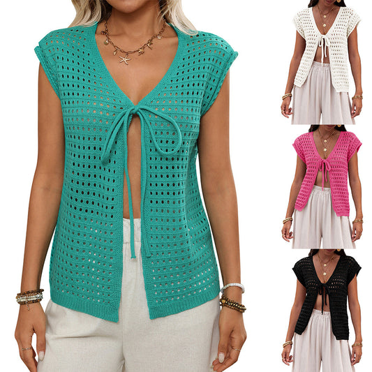 Women's Hollow-Out Short-Sleeve Knitted Cardigan | Lightweight Acrylic Sweater Top