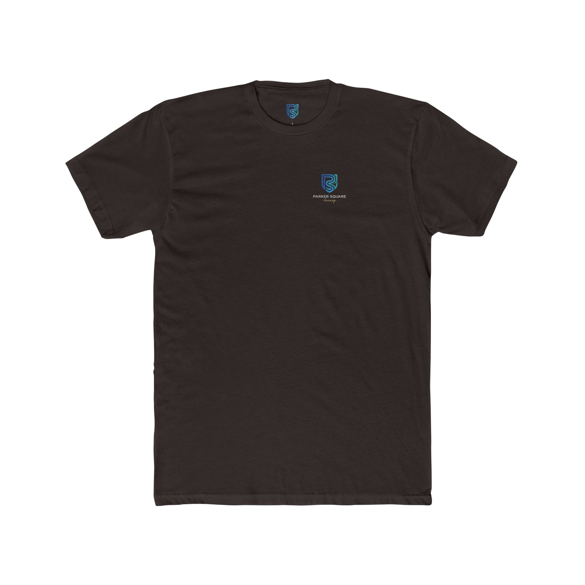 Black t-shirt with a small logo on a white background