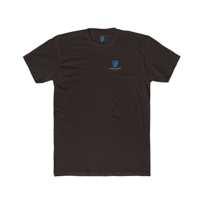 Black t-shirt with a small logo on a white background