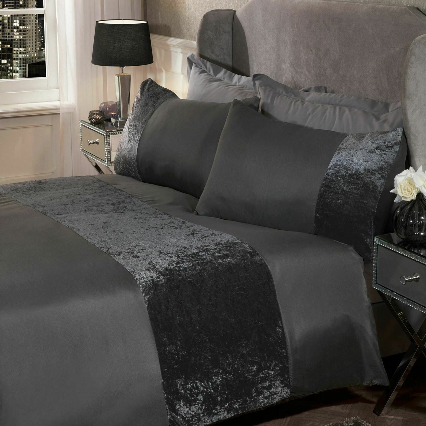 Brushed Velvet Panel Duvet Cover Set – 4 Colours, Single to Super King