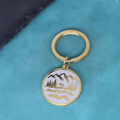 Mountain Carved Stainless Steel Keyring | Gold & Black