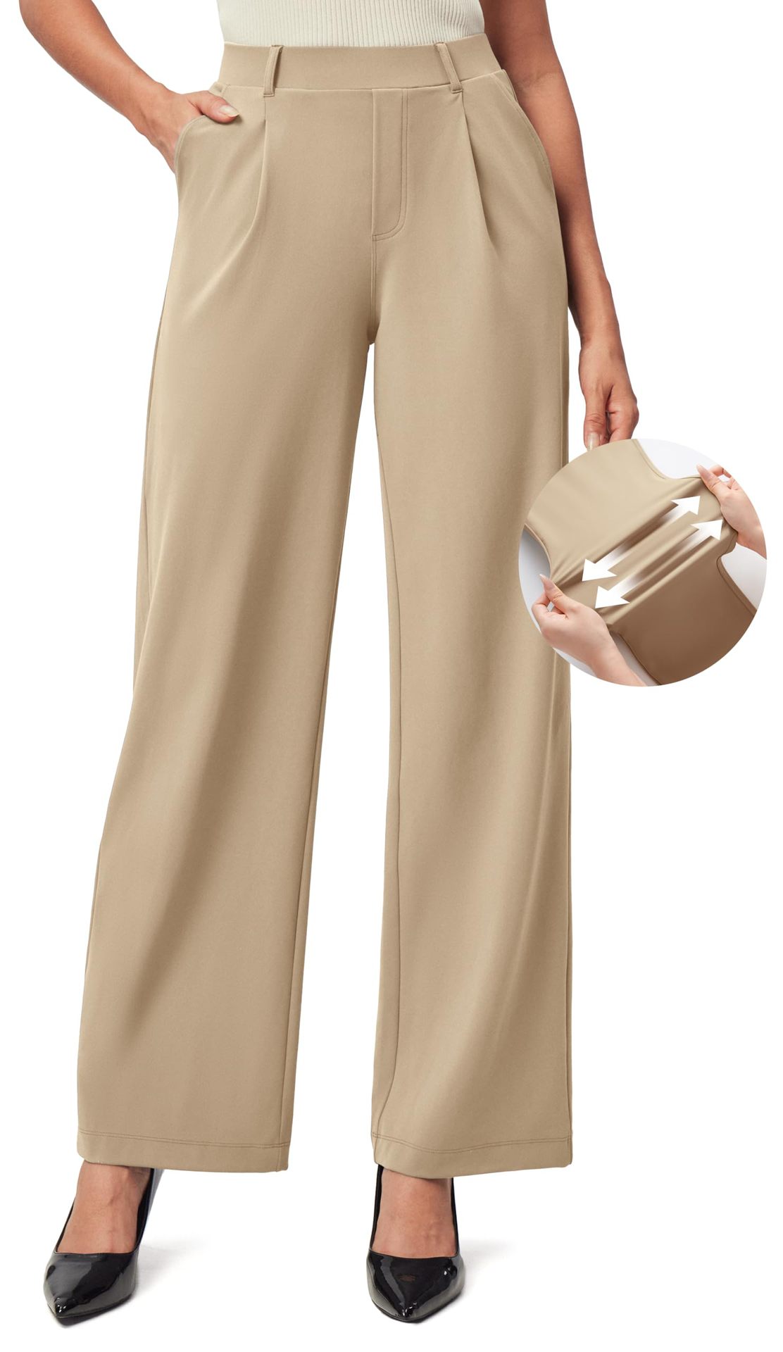 Women's High Waist Wide-Leg Work Trousers - Nylon Blend
