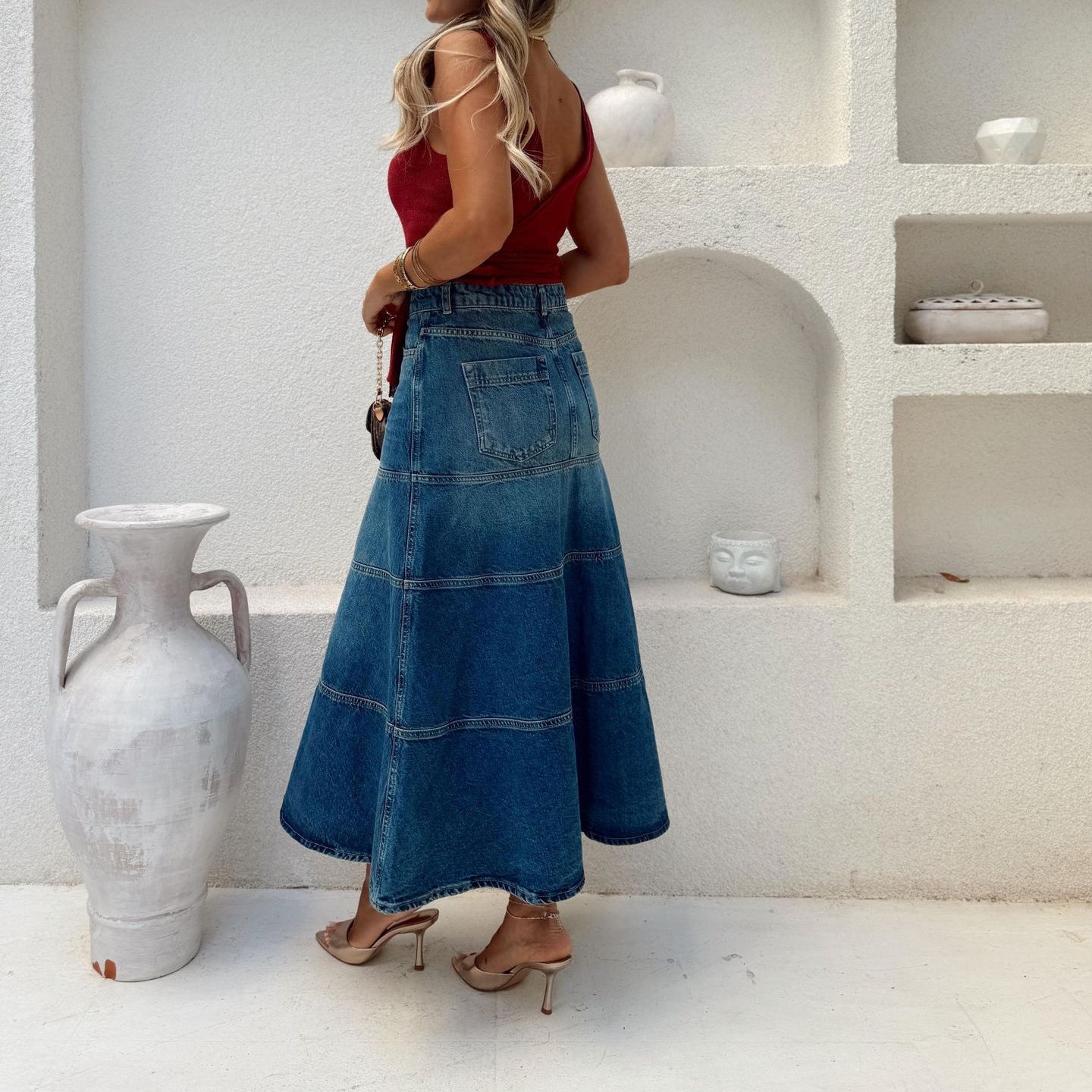 Women's Retro High-Waist Denim Midi Skirt